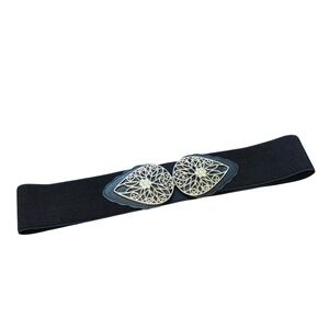 Womens 2X Black Elastic Belt Silver Filigree Rhinestone Buckle Plus Size
